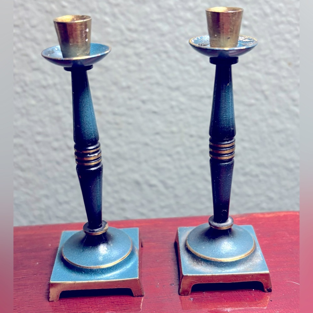 2 mini 3”Brass Candlesticks Painted Blueish Green Stamped ISREAL On The Bottoms